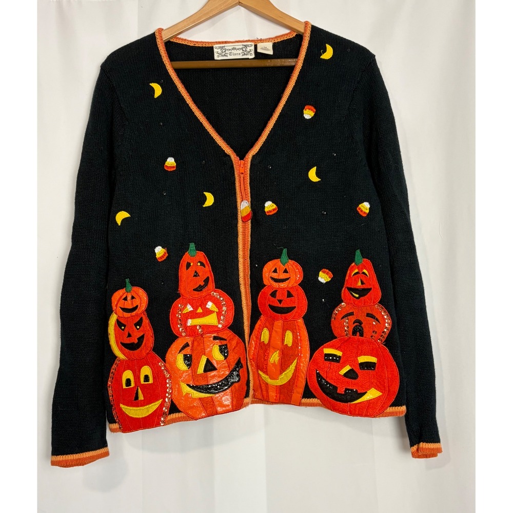 Vintage Halloween Pumpkin Candy Corn Zip Cardigan Sweater Spooky Womens Medium